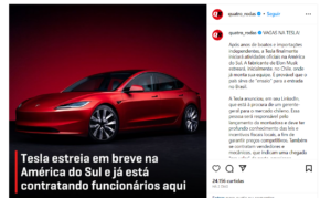 Tesla estreia em breve da América do Sul - Foto Instagram