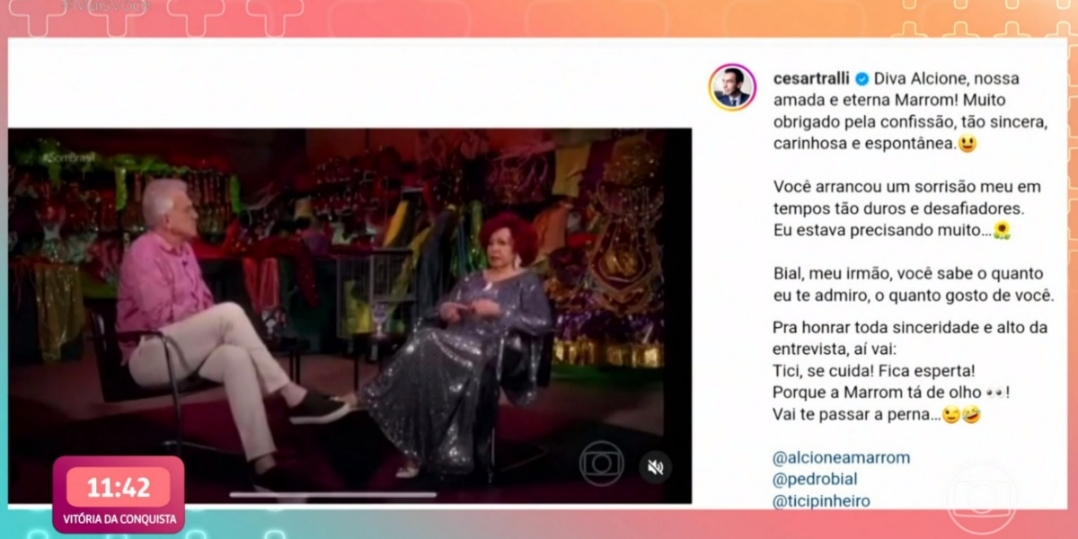 Cesar Tralli respondeu elogio de Alcione (Foto: Reprodução/TV Globo/Instagram)