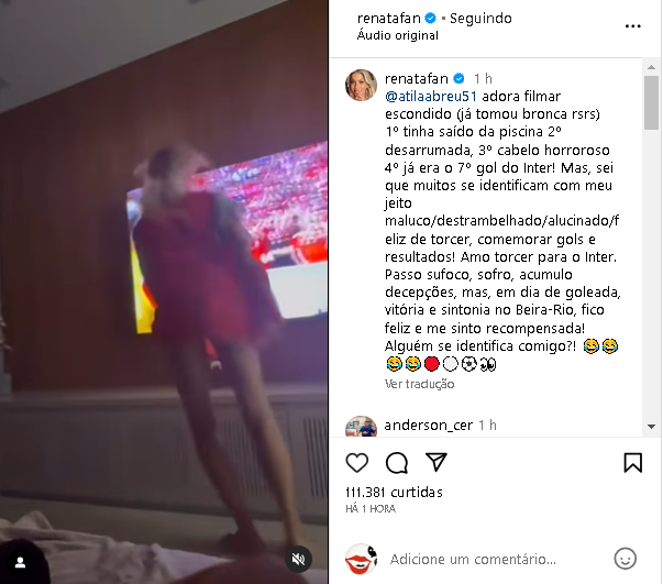 Renata Fan surgiu fora de si comemorando a vitória do Internacional (Foto: Reprodução/ Internet)