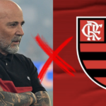 Sampaoli e escudo de Flamengo (Reprodução/Montagem TV Foco)