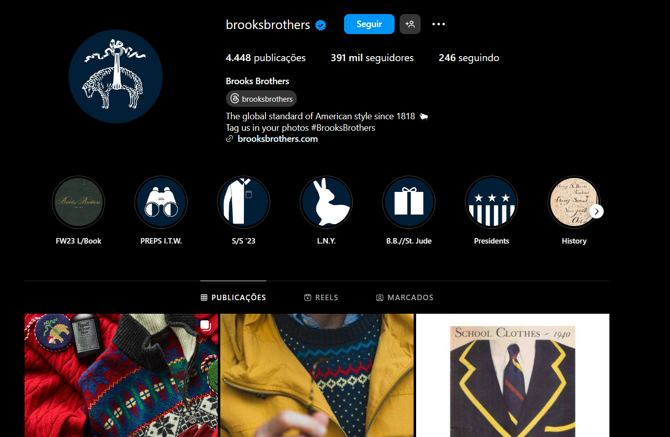 Perfil oficial da Brooks Brothers no Instagram conta com 389 mil seguidores (Foto Reprodução/Instagram)
