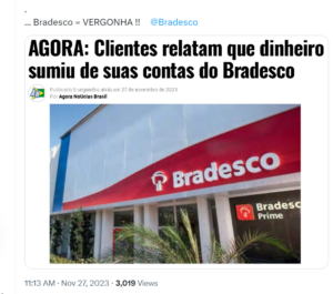 Clientes relatam que dinheiro sumiu da sua conta Bradesco - Foto app X