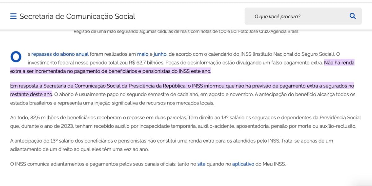 Comunicado do INSS sobre o 13º salário (Foto: Reprodução / site oficial)