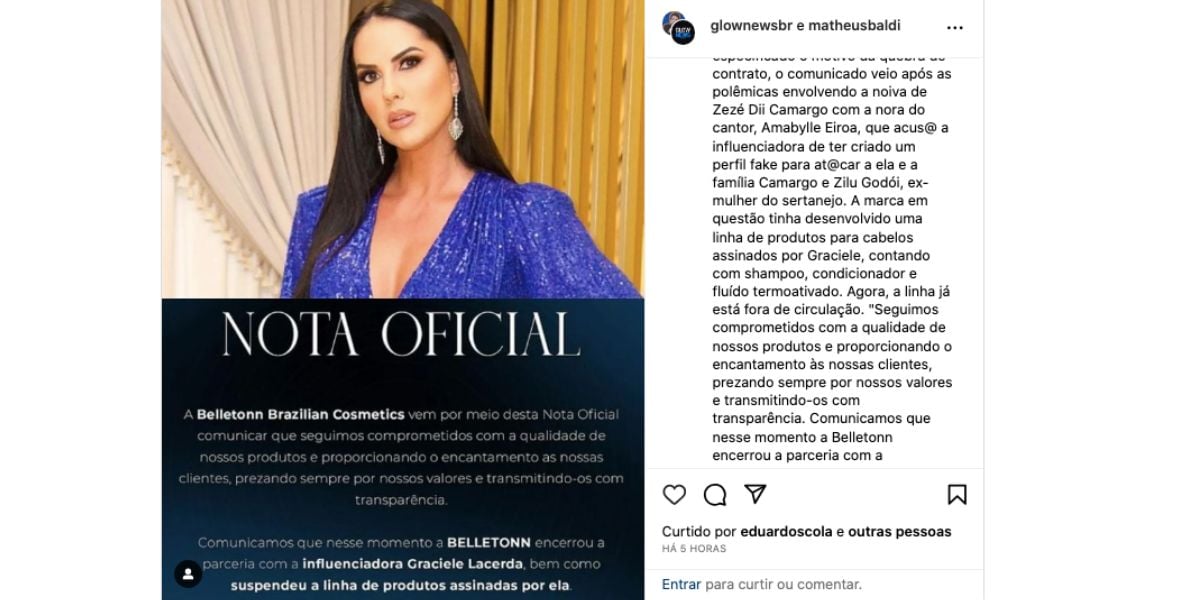 Comunicado de encerramento de parceria (Foto: Reprodução / Instagram)