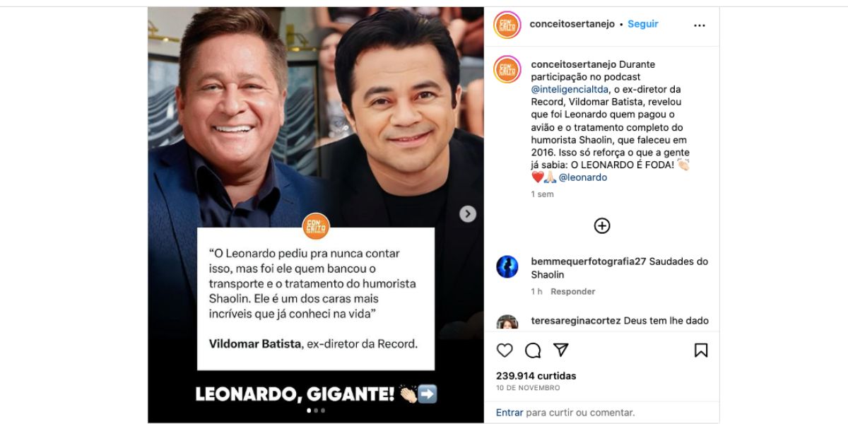 Diretor expõe Leonardo (Foto: Reprodução / Instagram)
