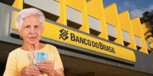 Idosa segurando dinheiro e Banco do Brasil (Fotos: Reproduções / Internet / Freepik)