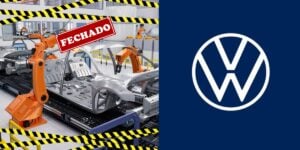 Logo da Volkswagen e fábrica de carros fechada - Foto Reprodução Internet