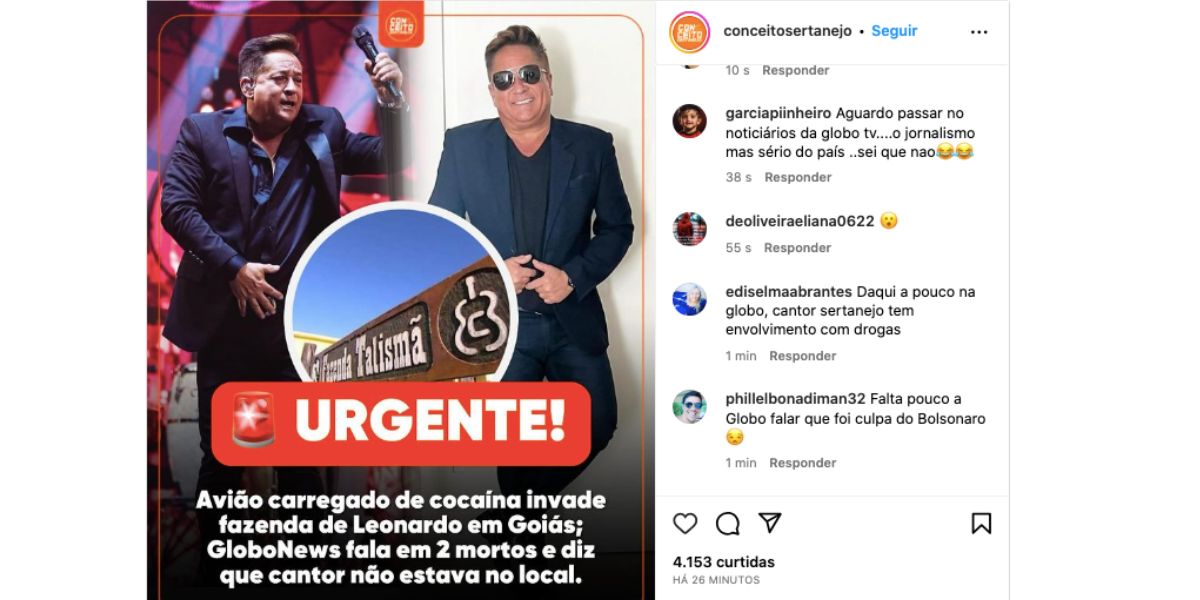 Notícia sobre fazenda de Leonardo (Foto: Reprodução / Instagram)