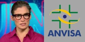 Renata Vasconcellos no JN e Logo da Anvisa - Foto Reprodução Internet