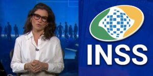 Renata Vasconcellos no Jornal Nacional e logo iNSS (Fotos: Reproduções / Globo / Internet)