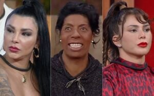 Jenny Miranda, Márcia Fu e Nadja Pessoa em A Fazenda 15; elas correm o risco de deixarem o jogo (Foto: Reprodução / PlayPlus)
