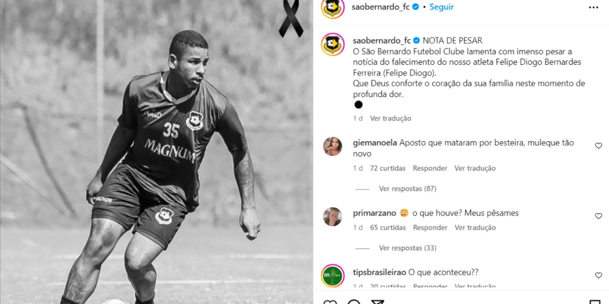 Clube São Bernardo está de luto com a morte de Felipe  Diogo - (Foto: Reprodução / Internet)