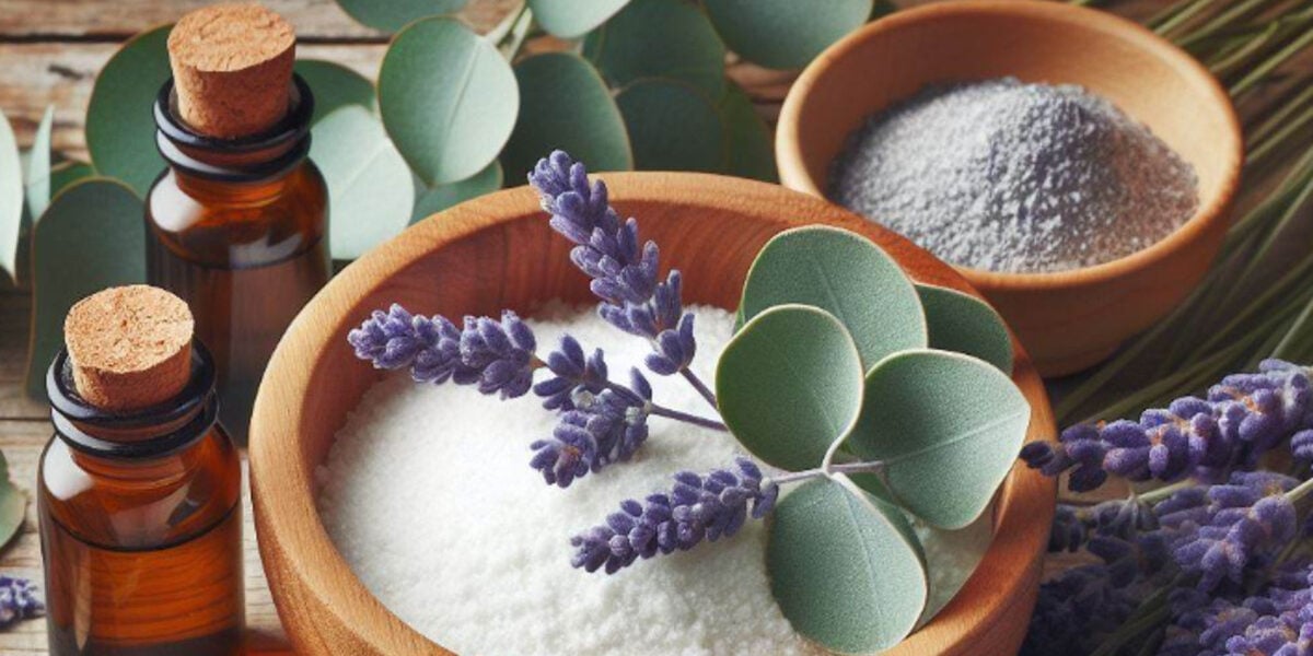 O talco pode ser feito com lavanda, folhas de eucalipto, amido de milho e citronela (Foto Reprodução/Bing IA)