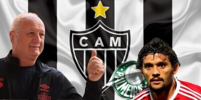 Gustavo Scarpa, Felipão e bandeira do Atlético-MG e do Palmeiras - Foto Reprodução Internet