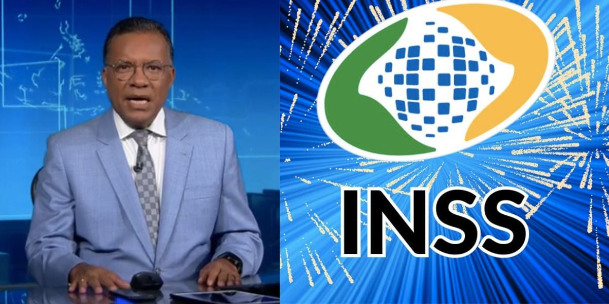 Heraldo Pereira no Jornal Nacional e logo INSS (Fotos: Reproduções / Globo / Internet) 