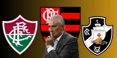 Tite e escudos do Flamengo. Fluminense e Vasco (Foto - Montagem TV Foco).