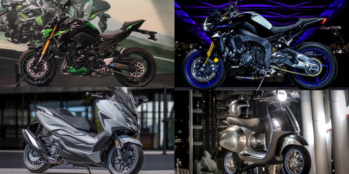 Kawasaki Z900 R e Honda Forza 350 em cima/  Yamaha MT 10  e Vespa Elettrica embaixo (Reprodução: Montagem TV Foco)