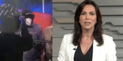 Bandidos em emissora e Ana Paula Araújo no Bom Dia Brasil (Fotos: Reproduções / Globo)