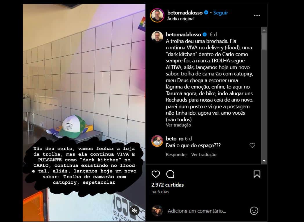 Publicação de Beto Madalosso informando o fechamento do Trolha (Foto Reprodução/Instagram)