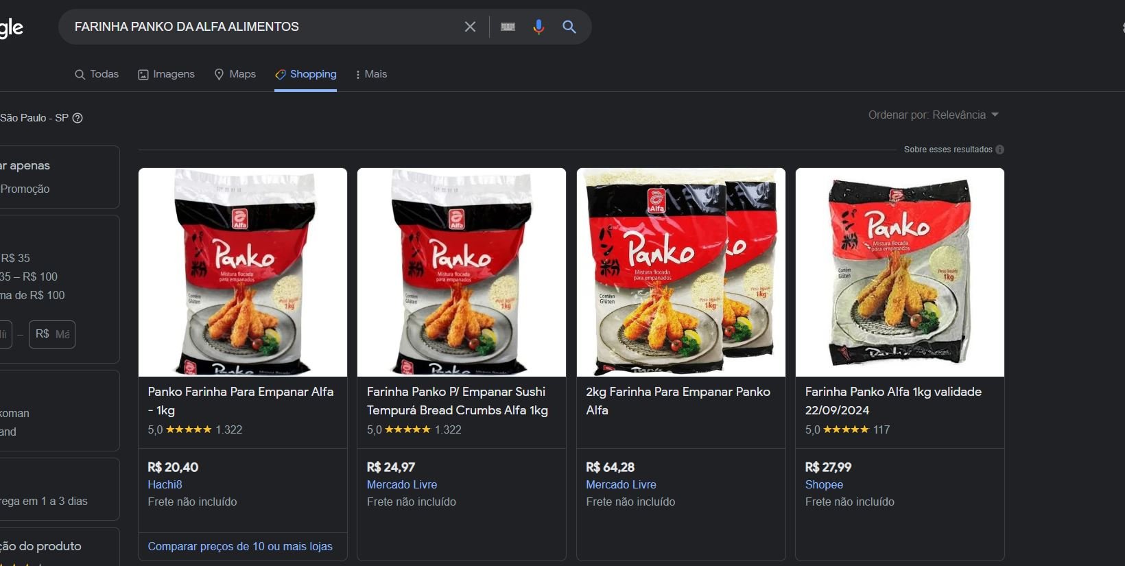 Farinha Panko da Alfa Alimentos segue normalmente no mercado (Foto Reprodução/Google Shopping)