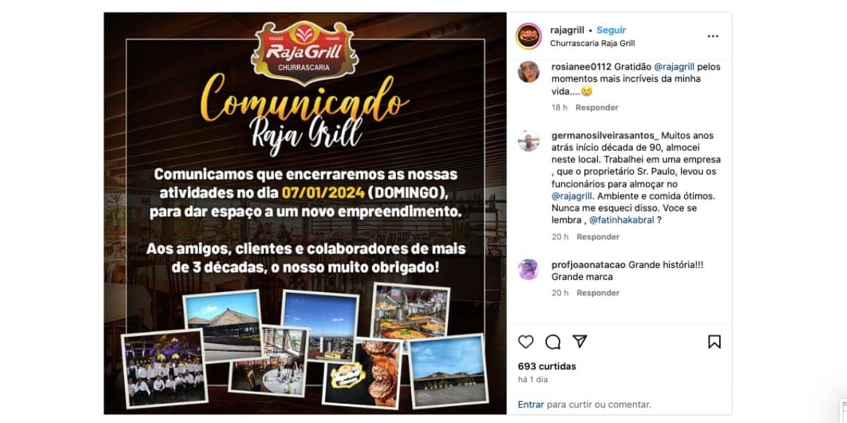 Comunicado de churrascaria (Foto: Reprodução / Instagram)