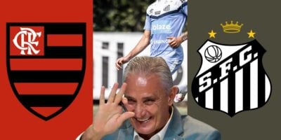 Tite e escudos do Flamengo e Santos
(Montagem TV Foco).