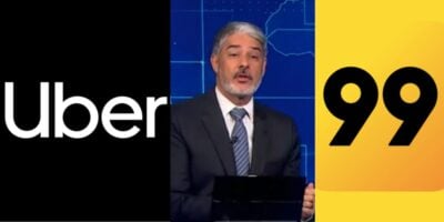 Logo da Uber, 99 e William Bonner no Jornal Nacional (Fotos: Reproduções / Globo / Internet)