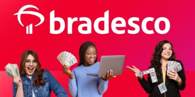 Logo do Bradesco e pessoas com dinheiro - Foto Reprodução Internet