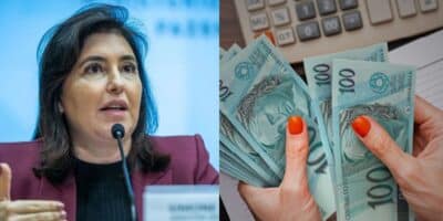 Simone Tebet / Mulher segurando dinheiro - Montagem TVFOCO