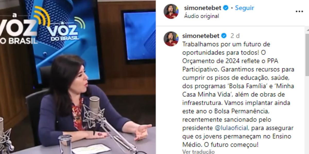 Simone Tebet falando do novo orçamento de 2024 (Reprodução: Instagram)