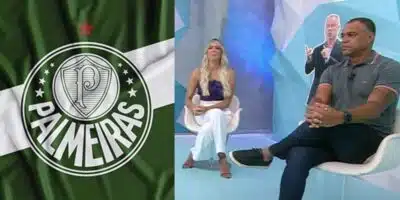 Bandeira do Palmeiras, Renata Fan e Denílson no Jogo Aberto (Fotos: Reproduções / Internet / Band)