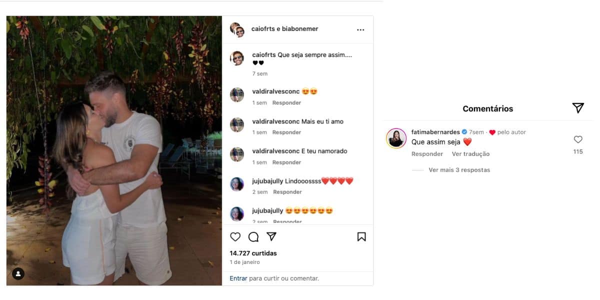 Bia Bonemer e Caio Freitas, e comentário de Fátima Bernardes (Foto: Reprodução / Instagram)