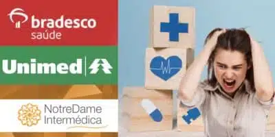Bradesco Saúde, Unimed, Notredame, ilustração de plano de saúde e mulher brava (Fotos: Reproduções / Internet / Freepik / Montagem)
