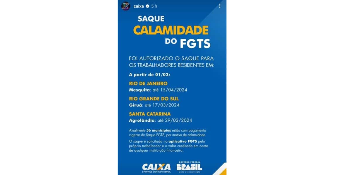 Comunicado da Caixa sobre saque-calamidade (Foto: Reprodução / Instagram)