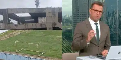 Estádio de futebol e Rodrigo Bocardi no Bom Dia São Paulo (Fotos: Reproduções / Globo)