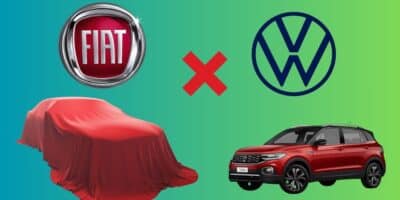 Logo da Fiat, T-Cross e logo da Volkswagen - Foto Reprodução Internet