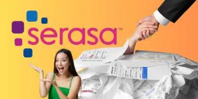 Logo do Serasa e pessoa saindo das dívidas - Foto Reprodução Internet