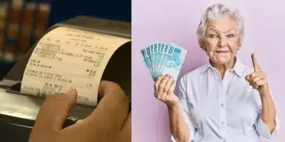 Nota fiscal e idosa segurando notas de cem reais (Fotos: Reproduções / EPTV / Freepik)