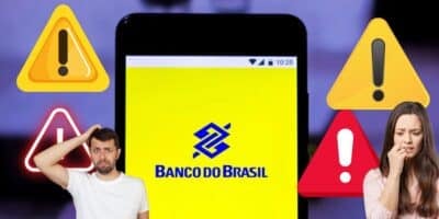 Pessoas preocupadas, logo do Banco do Brasil em celular e alerta - Montagem TVFOCO