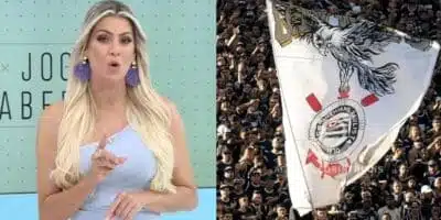 Renata Fan durante o Jogo Aberto e torcida do Corinthians (Fotos: Reproduções / Band / Rodrigo Coca/Agência Corinthians)