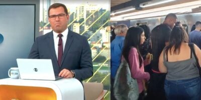 Rodrigo Bocardi no Bom Dia São Paulo e pessoas na estação da linha 1-Azul (Fotos: Reproduções / Globo /  Diário do transporte)