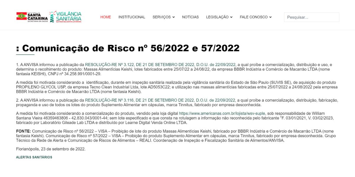 Comunicado oficial da Anvisa (Foto Reprodução/Prefeitura de Santa Catarina)