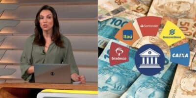 Ana Paula Araújo no Bom Dia Brasil, notas de dinheiro e logo de bancos (Fotos: Reproduções / Globo / Freepik / Internet / Montagem)