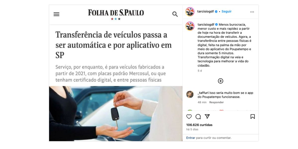 Anúncio Tarcísio de Freitas (Foto: Reprodução / Instagram)