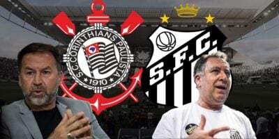 Augusto Melo, Teixeira e escudos do Corinthians e Santos (Foto - Montagem TV Foco).