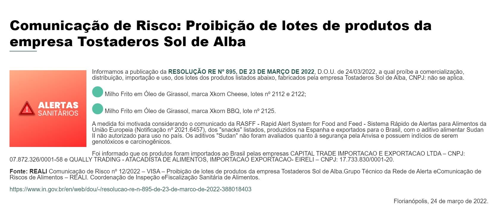 Comunicado da Anvisa contra lote de produto da marca Tostaderos Sol de Alba (Foto Reprodução/VISA)