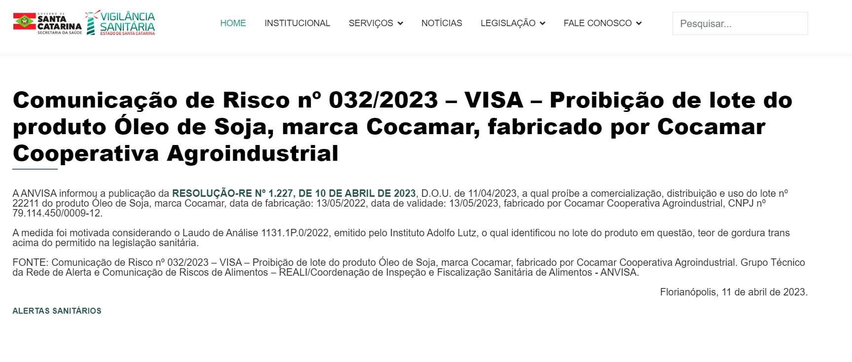 Comunicado da Anvisa contra lote de produto da marca de óleo Cocamar (Foto Reprodução/VISA)