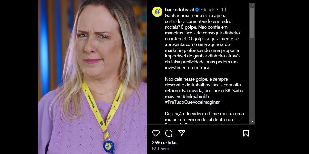 Banco do Brasil emitiu o alerta por meio de um video em suas redes sociais (Foto Reprodução/Instagram)