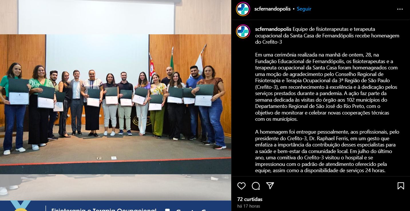 Publicação nas redes sociais oficiais da Santa Casa de Fernandópolis (Foto Reprodução/Instagram) 
