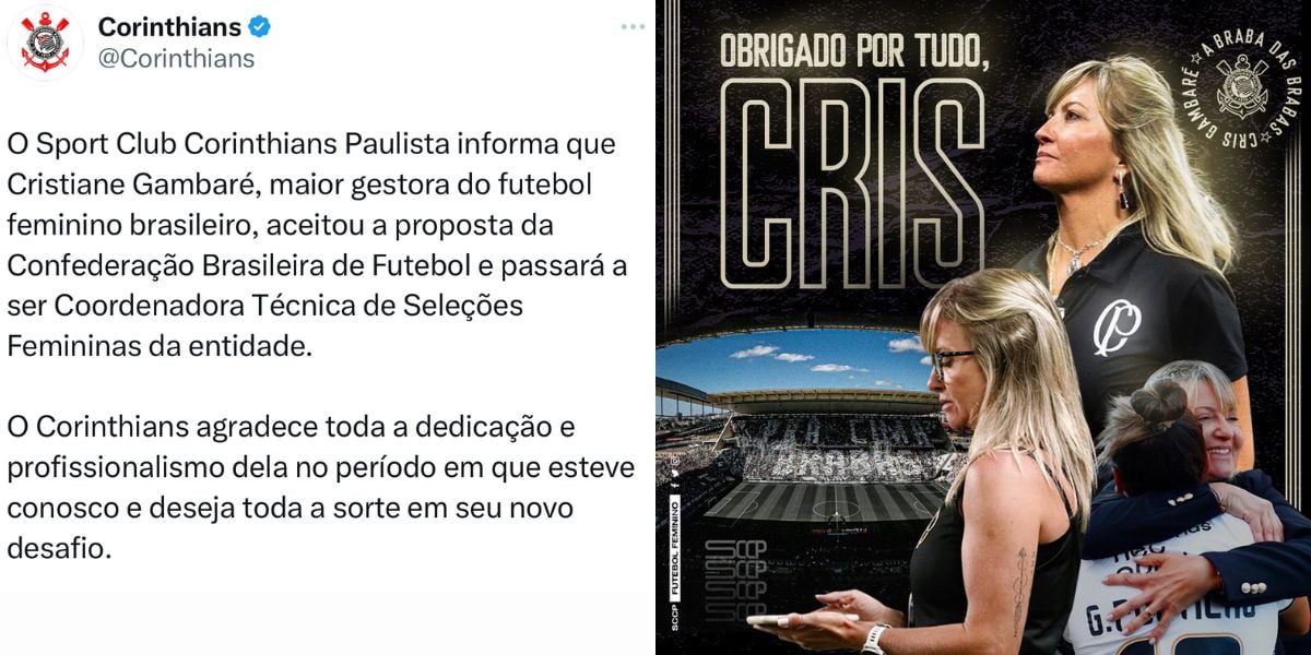 Comunicado do Corinthians sobre saída de Cristiane Gambaré (Foto - X / Corinthians).